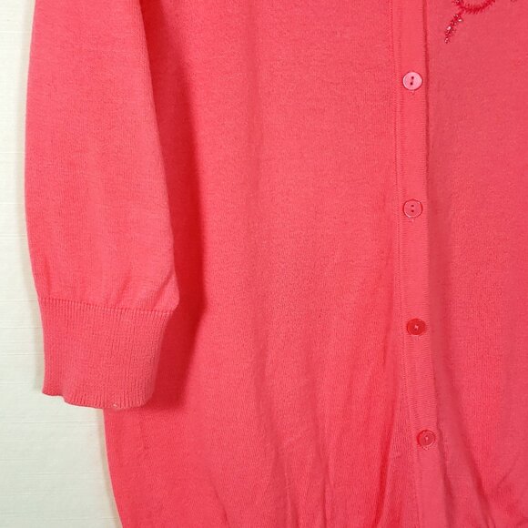 Y2K Vtg MERONA bright coral button up Cardigan Sweater Beaded Embroidered - Picture 4 of 8